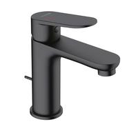 KLUDI - X1 grifo de lavabo negro mate con desagüe de tirador, grifo de ahorro de agua tamaño M, altura de caño 95 mm, grifo mezclador de lavabo con mangueras de conexión, arranque en frío