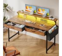Klyvvo Escritorio con Luces LED y 2 Cajones, 120x50 cm Mesa Gaming con Soporte para Ganchoy Bolsa Lateral, Escritorio RGB con Gancho para Oficina en Casa, Oficina y Habitación Juvenil, Marrón