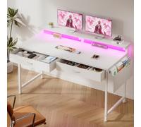 Klyvvo Escritorio con Luces LED y 2 Cajones, 120x50 cm Mesa Gaming con Soporte para Ganchoy Bolsa Lateral, Escritorio RGB con Gancho para Oficina en Casa, Oficina y Habitación Juvenil, Blanco
