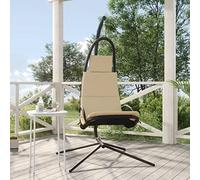 KMUNGDWG Silla colgante de jardín con cojín, color crema, tela Oxford impermeable y acero con recubrimiento en polvo, diseño ergonómico, acolchado grueso, cojín extraíble, hasta 110 kg