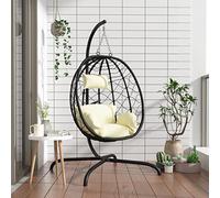 KMUNGDWG Sillón colgante con cojín de color blanco crema, ratán sintético y estructura de acero, silla de huevo balancín con cojín grueso acolchado extraíble y almohada para balancearse en la sala de