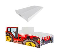 KOBI Cama Infantil Granja anticaídas | Tractor Rojo | 140x70cm | Cama Juvenil con colchón | Cunas Niños Niñas | Cama Individual Cama para niños Cama de Coche