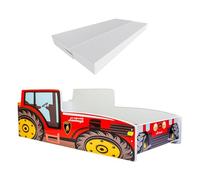 KOBI Cama Infantil Granja anticaídas | Tractor Rojo | 160x80cm | Cama Juvenil con colchón | Cunas Niños Niñas | Cama Individual Cama para niños Cama de Coche