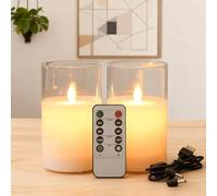 Koelaa Pack de 2 Velas LED Recargables USB sin Llama, de Cera Real con Cristal - Control Remoto y Efecto de Llama Realista Vacilante - Ideales para Hogar, Navidad y Fiestas (Blanco, 7,5 x 12,5 cm)