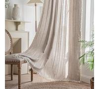 KOEXM Cortinas de Lino de 84 Pulgadas de Largo Bordadas a Rayas Boho Estilo Granja para Sala de Estar y Dormitorio - Filtrado de Luz con Borlas Juego de 2 Paneles - Cortinas con Bolsillo para Barra