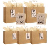 Kolldenn 5 Sense - Bolsas de regalo con etiquetas, bolsas de papel kraft para él o ella, 12.6 x 4.3 x 9.8 pulgadas, a la vista, olor, tacto, sabor, sonido, bolsa de papel de seda para boda