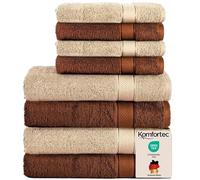 Komfortec Juego de 8 Toallas 100% Algodón - 4 Toallas de Baño 70 x 140 cm y 4 Toallas de Lavabo 50 x 100 cm - Juego de Toallas Suaves y Absorbentes - Marrón/Beige