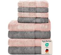 Komfortec Juego de 8 Toallas 100% Algodón - 4 Toallas de Baño 70 x 140 cm y 4 Toallas de Lavabo 50 x 100 cm - Juego de Toallas Suaves y Absorbentes - Antracita/Rosa