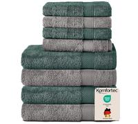 Komfortec Juego de 8 Toallas 100% Algodón - 4 Toallas de Baño 70 x 140 cm y 4 Toallas de Lavabo 50 x 100 cm - Juego de Toallas Suaves y Absorbentes - Antracita/Verde Oscuro