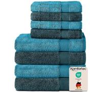 Komfortec Juego de 8 Toallas 100% Algodón - 4 Toallas de Baño 70 x 140 cm y 4 Toallas de Lavabo 50 x 100 cm - Juego de Toallas Suaves y Absorbentes - Azul Petróleo/Turquesa