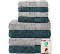 Komfortec Juego de 8 Toallas de Mano de 100% algodón, 4 Toallas de baño de 70 x 140 cm y 4 Toallas de Mano de 50 x 100 cm, de Rizo, Suaves, Grandes, Color Plata/Azul petróleo