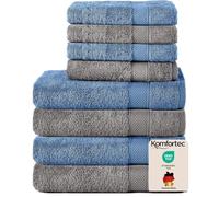 Komfortec Juego de 8 Toallas de Mano de 100% algodón, 4 Toallas de baño de 70 x 140 cm y 4 Toallas de Mano de 50 x 100 cm, Rizo Suave, Grande, Color Antracita/Azul Claro