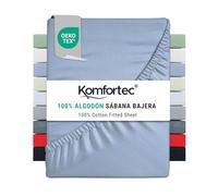 Komfortec Sábana Bajera Ajustable (90 x 200 cm, 100% algodón), Color Azul Claro