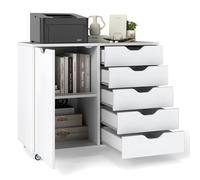 KOMFOTTEU Archivador Móvil con 5 Cajones y Puertas, Armario de Almacenamiento con 5 Ruedas, Cajonera de Madera, Mueble Auxiliar para Oficina, Soporte para Impresora, 79 x 39 x 65 cm, Blanco