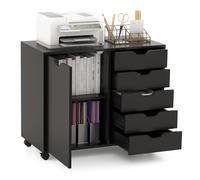 KOMFOTTEU Archivador Móvil con 5 Cajones y Puertas, Armario de Almacenamiento con 5 Ruedas, Cajonera de Madera, Mueble Auxiliar para Oficina, Soporte para Impresora, 79 x 39 x 65 cm (Negro)