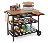 KOMFOTTEU Carrito de Barbacoa, Mesa Barbacoa Exterior con 2 Sistemas de Cocción, Panel Lateral Plegable y 2 Estantes, Cocina Exterior con Ruedas y Patas Ajustables para Fiesta, Patio, Picnic