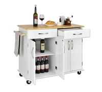 KOMFOTTEU Carrito de Cocina con Encimera de Madera de Caucho, Isla de Cocina con Ruedas, Carro Auxiliar con 2 Cajones, Toalleros, Armario de Comedor con Puerta Doble, 122 x 48 x 92,5 cm (Blanco)