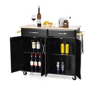 KOMFOTTEU Carrito de Cocina con Encimera de Madera de Caucho, Isla de Cocina con Ruedas, Carro Auxiliar con 2 Cajones, Toalleros, Armario de Comedor con Puerta Doble, 122 x 48 x 92,5 cm (Negro)