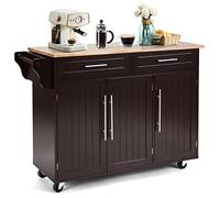 KOMFOTTEU Carrito de Cocina con Ruedas, Carro de Servicio con Encimera de Madera de Caucho, Isla de Cocina con Cajones, Toallero y Estantes Ajustables, Carrito Auxiliar, 122 x 46 x 92 cm (Marrón)