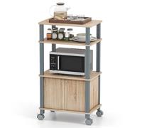 KOMFOTTEU Carro 3 Niveles para Microondas, Estante de Cocina con Ruedas y Armario con Puerta, Carrito Auxiliar de Madera, Carro de Servicio, Organizador Almacenamiento Comedor, 60x40x98cm (Natural)