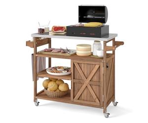 KOMFOTTEU Carro de Barbacoa de Madera Maciza, Carrito Auxiliar con Encimera de Acero Inoxidable, 4 Ruedas, 3 Estantes Abiertos, Armario con Puerta, Carro para BBQ con Especiero, 118 x 47 x 92 cm