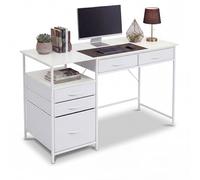KOMFOTTEU Escritorio con 5 Cajones de Tela, Mesa Escritorio Ordenador con Estantería Abierta y Estructura Metálica, Mesa Gaming con Almacenamiento para Estudio Oficina, 120 x 50 x 77 cm (Blanco)