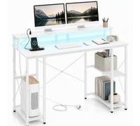 KOMFOTTEU Mesa Escritorio con Luz LED y Enchufes, 120 x 50 x 87 cm | Escritorio Gaming con Soporte para Monitor, Estantes Abiertos para Torre y Objeto, Mesa de Ordenador para Oficina en Casa