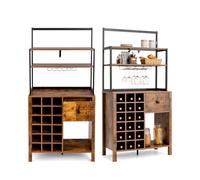 KOMFOTTEU Mueble de Cocina para 18 Botellas con Soporte para Copas | Armario de Bar con Cajón y Estantes Abiertos, Soporte para Microondas para Comedor, 74 x 40 x 160 cm
