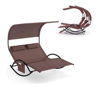 KOMFOTTEU Tumbona Doble de Jardín para 2 Personas, Tumbona Mecedora con Toldo, 2 Reposacabezas, Bolsillo Lateral, Hamaca Basculante de Textilene, Chaise Lounge para Piscina, Baño de Sol (Marrón)