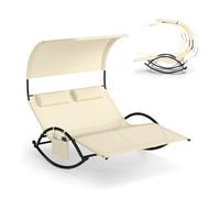 KOMFOTTEU Tumbona Doble de Jardín para 2 Personas, Tumbona Mecedora con Toldo y 2 Reposacabezas, Hamaca Basculante de Textilene, Chaise Lounge para Terraza, Piscina, Baño de Sol (Beige)