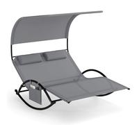 KOMFOTTEU Tumbona Doble de Jardín para 2 Personas, Tumbona Mecedora con Toldo y 2 Reposacabezas, Hamaca Basculante de Textilene, Chaise Lounge para Terraza, Piscina, Baño de Sol (Gris)