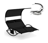 KOMFOTTEU Tumbona Doble de Jardín para 2 Personas, Tumbona Mecedora con Toldo y 2 Reposacabezas, Hamaca Basculante de Textilene, Chaise Lounge para Terraza, Piscina, Baño de Sol (Negro)
