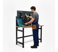 Kompak Banco de Trabajo Plegable de Pared con Altura Regulable - Mesa de Trabajo Plegable con Panel Perforado y Ganchos - Banco de Trabajo con Encimera de Madera y Estructura de Acero Reforzado