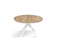 KONTE.DESIGN Mesa Redonda Panteleria de Madera Efecto Roble rústico con Patas Cruzadas de Metal Blanco, Extensible Ø120 cm - Ø170 cm