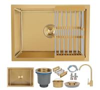 KOOGIMDDR 55 x 40 cm Fregadero de preparación dorado con grifo, empotrado, de acero inoxidable, multifuncional, esencial para la cocina, cuenco único con escurridor dorado y componentes de montaje