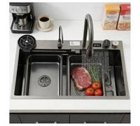 KOOGIMDDR 80 x 45 cm Fregadero de cocina multifuncional de acero inoxidable - Tazón individual con cascada, nano recubrimiento y grifo extraíble 3 en 1, tazón profundo con tabla de cortar, fregadero