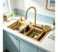 KOOGIMDDR 80 x 50 cm, fregadero de cocina dorado, con grifo de cascada, fregadero de cocina de acero inoxidable, rectangular, montaje superior con tazón de fregadero, tabla de cortar extraíble