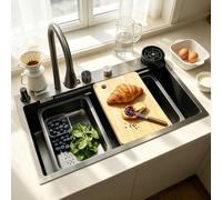 KOOGIMDDR 80x45cm Fregadero de cocina de acero inoxidable rectangular, fregadero cascada con drenaje a la izquierda, fregadero de cocina con orificio para el grifo y desagüe, sifón, fregadero de bar