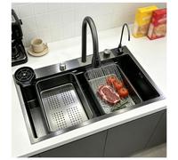 KOOGIMDDR 85 x 45 cm Fregadero de Acero Inoxidable, Fregadero de Cocina Negro-Gris, Fregadero de Cascada Rectangular, 1 Cuenca, Instalación de Fregadero desde la Parte Superior con Juego de Grifo
