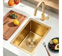KOOGIMDDR Fregadero con grifo 38 x 26 cm, Fregadero de cocina dorado moderno de acero inoxidable con sifón, 1 cubeta empotrable, fregadero de bar con cesta de desagüe telescópica, fregadero de cocina