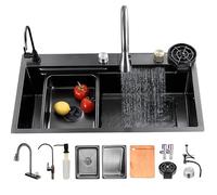 KOOGIMDDR Fregadero de Cocina 65×50cm - 1 Cubeta 13 Piezas, Negro Con Cascada, Acero Nano Inoxidable, Kit Drenaje y Filtro