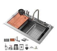 KOOGIMDDR - Fregadero de cocina (75 x 45 cm, con grifo de cascada LED, tabla de cortar deslizante, lavavajillas de alta presión, compacto y multifuncional