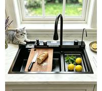 KOOGIMDDR Fregadero de cocina cascada de 68 x 46 cm, 1 fregadero de acero inoxidable con revestimiento nano, grifo de 4 vías, amplia estación de trabajo, fregadero de cocina con tabla de cortar, con
