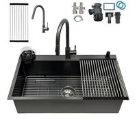 KOOGIMDDR Fregadero de cocina de acero inoxidable de 85 x 50 cm, con 1 cubeta gris y negro, con rejilla de acero inoxidable nano, lavabo de cocina con 3 agujeros escurridor de apoyo con grifo, con