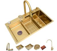 KOOGIMDDR Fregadero de cocina de acero inoxidable dorado con grifo de cascada, juego de 80×46cm, fregadero negro estilo casa de campo, estación de trabajo con lavavasos, cubeta extraíble, tabla de