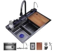 KOOGIMDDR Fregadero de cocina de acero inoxidable multifunción, 80 x 46 cm, cascada, fregadero de agua, grifo extraíble, tabla de cortar integrada, dispensador de jabón, sistema de drenaje con