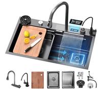 KOOGIMDDR Fregadero de cocina de acero inoxidable, multifuncional, 80 x 45 cm, lavabo individual con nano recubrimiento de cascada y grifo extraíble 3 en 1, fregadero de cocina profundo con tabla de