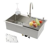 KOOGIMDDR Fregadero de cocina de acero inoxidable SUS304 de 85 x 50 pulgadas, multifunción, hecho a mano, con estante de suelo, fregadero de cocina grande de un tazón con grifo y varios accesorios