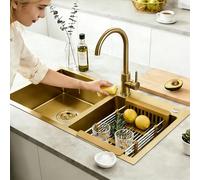 KOOGIMDDR Fregadero de cocina dorado de 75 x 40 cm, doble cuenco, acero inoxidable 304 nanorecubierto, fregadero de bar con tapón dorado y colador de drenaje, se puede instalar o desmontar