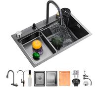 KOOGIMDDR Fregadero de cocina para el lugar de trabajo, 75 x 45 cm, con grifo de cascada, juego individual de acero inoxidable, negro y gris, para uso doméstico, hidrolimpiadora, tabla de cortar